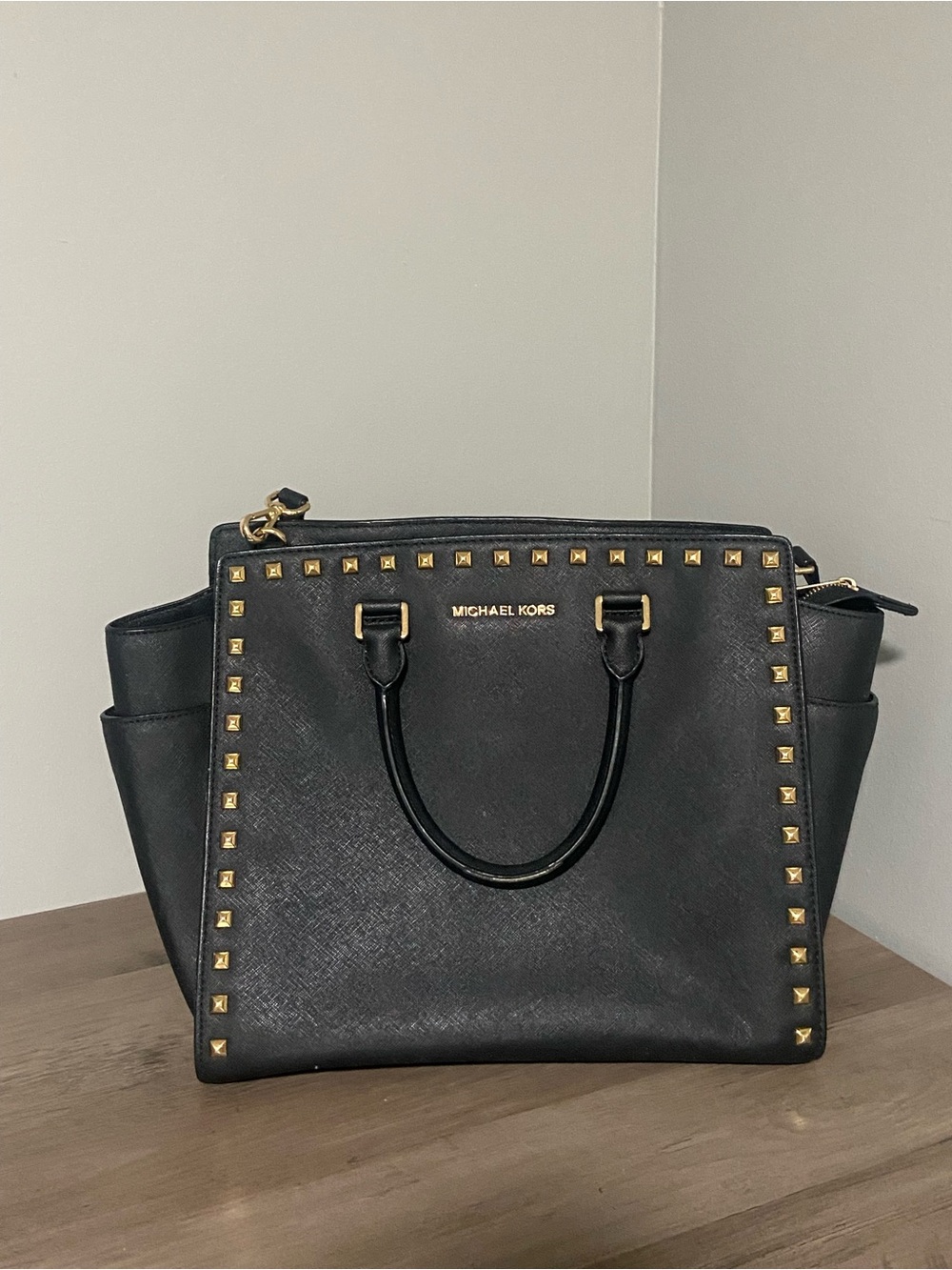 Michael Kors Black Leather Tote with Gold Stud Accents